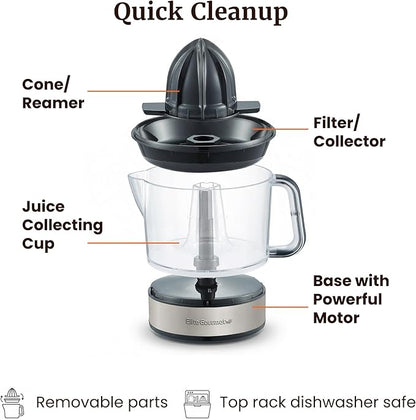 Elite Gourmet ETS623 BPA-Free 40-Watt Electric Citrus Juicer, Compact, Large Volume, Pulp Control, Oranges, Lemons, Limes, Grapefruits with Easy Pour Spout, 24oz, Black/Stainless Steel