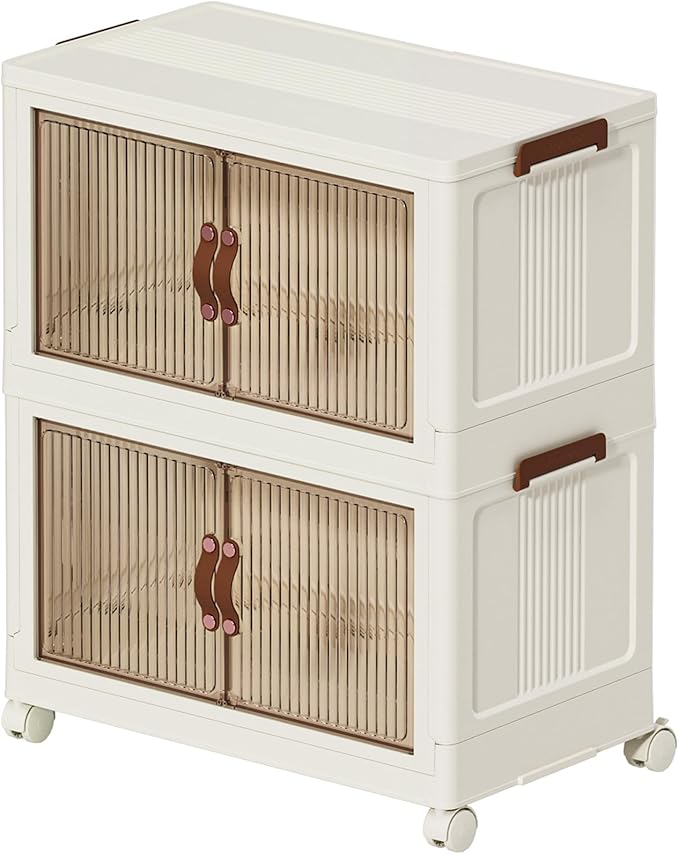 Folding Storage Bins Organizer, Foldable Stackable Plastic Storage Bins with Lids & Doors, Collapsible Drawer Boxes Containers with Wheels for Clothes, Home, Room, White, 2 Tiers