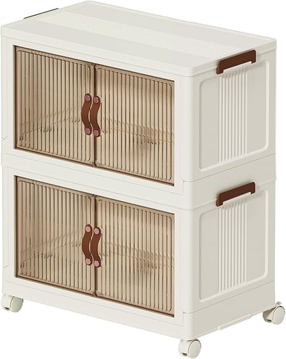 Folding Storage Bins Organizer, Foldable Stackable Plastic Storage Bins with Lids & Doors, Collapsible Drawer Boxes Containers with Wheels for Clothes, Home, Room, White, 2 Tiers