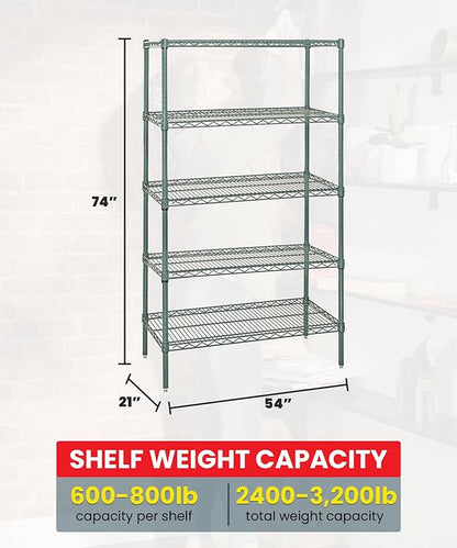 Quantum Storage Systems WR74-2154P-5 Wire Shelving Starter Kit, 54" W x 21" D x 74" H, 600 lbs Capacity, Carbon Steel, Epoxy Coated, Green, NSF