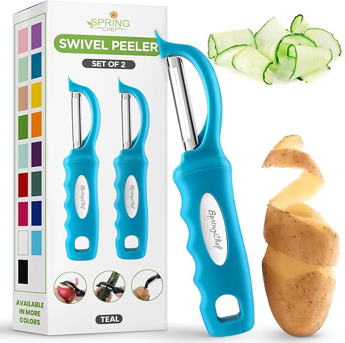 Spring Chef Stainless Steel Swivel Potato Peelers for Kitchen, Dishwasher Safe Veggie Peeler for Kitchen with Soft Grip Handle & Sharp Blades, Great for Vegetable, Apple, Carrot - Set of 2 - Teal