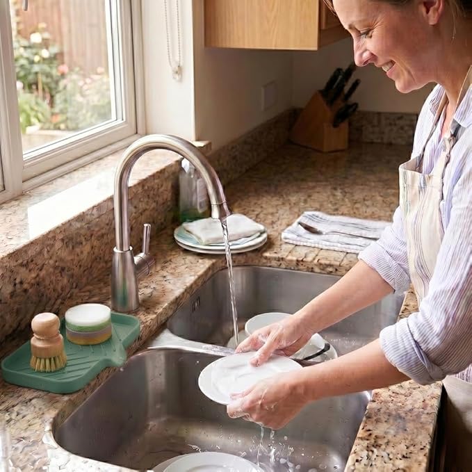 MicoYang Silicone Soap Dish with Drain Spout — Self-Draining Sink Organizer Tray for Bathroom & Kitchen, Sponges, Dispensers & Soap Holder, Non-Slip & Dishwasher Safe, Green (Medium, 9.6"×5.3")
