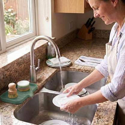 MicoYang Silicone Soap Dish with Drain Spout — Self-Draining Sink Organizer Tray for Bathroom & Kitchen, Sponges, Dispensers & Soap Holder, Non-Slip & Dishwasher Safe, Green (Medium, 9.6"×5.3")