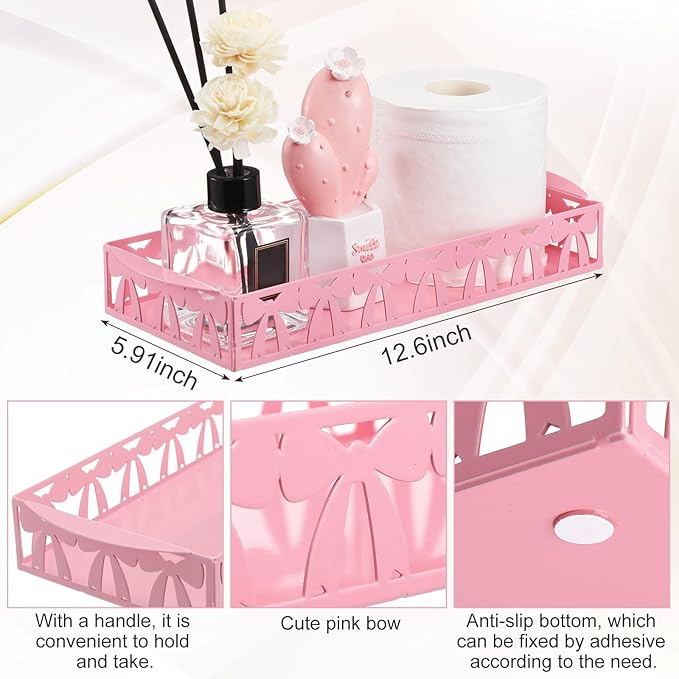 Pink Bow Toilet Paper Basket Cute Metal Toilet Tank Paper Holder with Handle Pink Bow Bathroom Storage Organizer Coquettish Preppy Accessories Decor for Bathroom Restroom