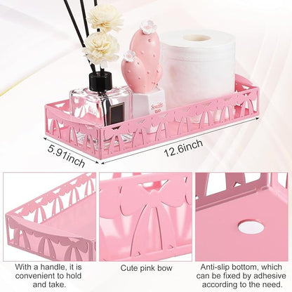 Pink Bow Toilet Paper Basket Cute Metal Toilet Tank Paper Holder with Handle Pink Bow Bathroom Storage Organizer Coquettish Preppy Accessories Decor for Bathroom Restroom