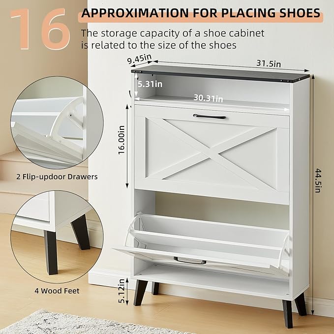 Shoe Storage Cabinet with 2 Flip Drawers, Farmhouse Shoes Organizer for Entryway, Narrow Hidden Shoe Rack with Wooden Legs & Open Storage, Free Standing Shoe Closet for Foyer, Hallway, White