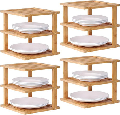 4 Pack Bamboo Corner Shelf,3 Tier Kitchen Cabinet Organizer for Plates and Dishes,Pantry Storage and Spice Rack（Natural）