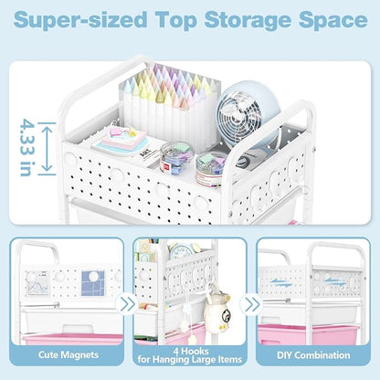 5 Drawer Rolling Storage Cart with Pegboard Top and Hooks, Mobile Organizer Cart with Wheels for Office Supplies, Craft Storage, Classroom Organization, Home Utility Cart, Pink&Blue