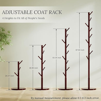 Wooden Freestanding Coat Tree with 4 Height Options and 9 Hooks, Sturdy Coat Rack Stand for Clothes/Bags/Hats, Easy Assemble Save Space Coat Rack for Entryway, Bedroom, Office, Narrow Place (Brown)