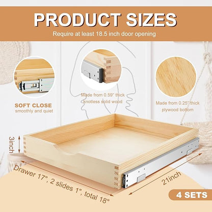 Sintuff 4 Pack Wooden Pull out Tray Cabinet Organizer Gentle Close Roll out Shelves for Kitchen Cabinets Fully Assembled Slide Pantry Shelves (18'' X 21'')