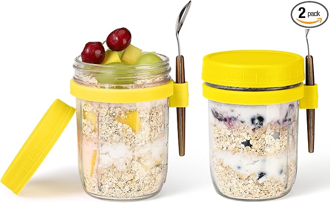 16oz Glass Mason Overnight Oats Jars, Cereal, Yogurt, Salad Lunch,Glass Overnight Oats Containers with Lids and Spoon, Container with Measurement Marks - (Yellow-2Pcs)