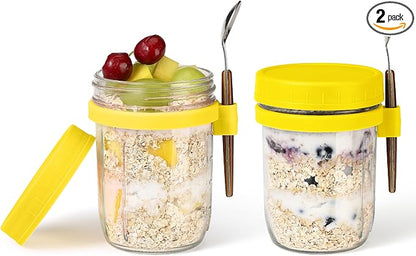 16oz Glass Mason Overnight Oats Jars, Cereal, Yogurt, Salad Lunch,Glass Overnight Oats Containers with Lids and Spoon, Container with Measurement Marks - (Yellow-2Pcs)