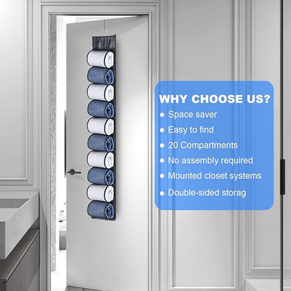 2-Pack Hanging Legging Organizer - Legging Storage Organizer, Legging Organizer for Closet, Hanging Closet Organizer, Install Behind The Door, Wardrobe Hanger 20 Pockets Clothes Storage (Grey)