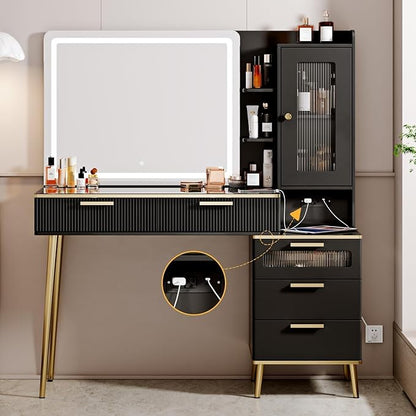 47.24" Big Modern Vanity Desk with Mirror and Lights, Vanity Desk with 29.53" HD Lighted Mirror, Makeup Vanity with 5 Drawers and Storage Shelves and Charging Station, Black2