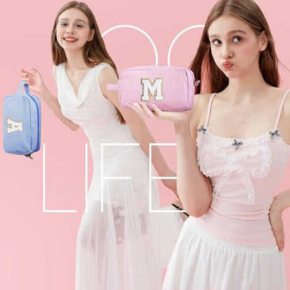 YOOLIFE Initial Cosmetic Bag for Women - Monogram Cute Makeup Bag Cosmetic Case Toiletry Pouch for Women Her Best Friend Sister Teacher, Personalized Birthday Gifts for Women, Pink I