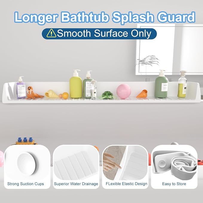 Tub Splash Guard for Kids,Bathtub Water Guard Play Shelf for Bathing, Toy Tray Caddy Holder for Tub, Silicone Splash Guard for Bathtub Prevent Water Spills in Bathroom (2.6FT, White)