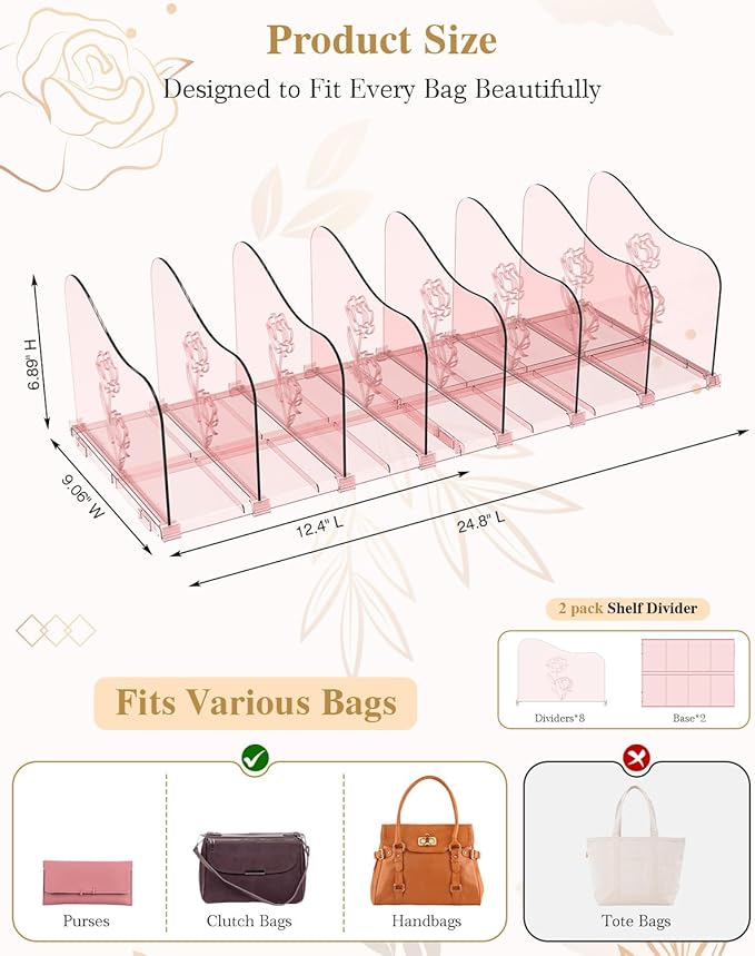 Rose Purse Dividers for Closet, 2 Pack Clear Clutch Purse Closet Organizers, Adjustable Handbag Storage Organizers, Plastic Bookshelf Separator Dividers for Bedroom Office