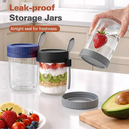 6 Pack Overnight Oats Containers with Lids and Spoons, 16 oz Airtight Oatmeal Container with Measurement Marks, Overnight Oats Jars Large Capacity Airtight Jars for Milk, Cereal, Fruit
