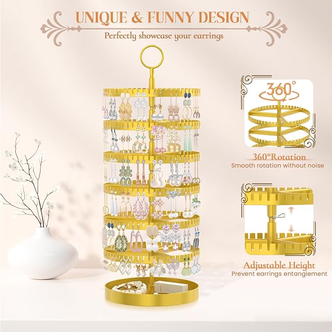 iDavosic.ly 6 Tier Rotating Earring Holder Organizer with Metal Tray, Adjustable Plastic Dangle Display Stands Tree with 342 Grooves, Large Hoop Storage Rack Tower, Gold
