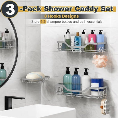 OMAIRA 3-Pack Shower Caddy with Soap Holder, Adhesive Rustproof No-drill Strudy Loading Inside Shower Organizer Shelves Rack Storage Bathroom Organization for Smooth Wall Glass Tile, Grey (Large)