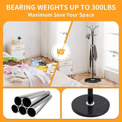 ZOZOE Metal Coat Rack Stand, Modern Coat Rack Freestanding with Natural Marble Base, 360° Rotary Design Coat Racks with 14 Hooks, Coat Tree Hanger Stand for Bags, Hats, Entryway, Office