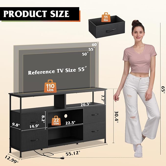 WLIVE TV Stand Dresser for 50,55,60 inch TV, Entertainment Center with LED Lights & Fabric Drawers, Dresser TV Stand for Bedroom and Living Room with Open Shelves, Black