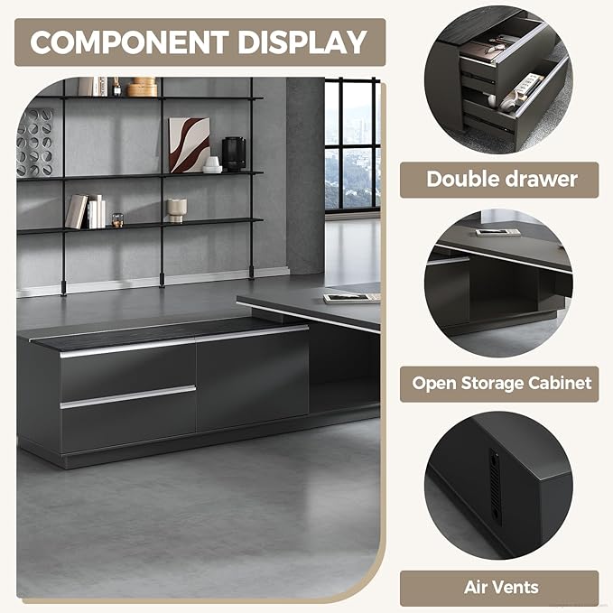 Modern L Shape Executive Desk with Storage Drawers – Large Black Corner Executive Desk for Home Workspace, Spacious Computer Table with Cabinets (Black/Right, 79" L * 63" W * 30" H)