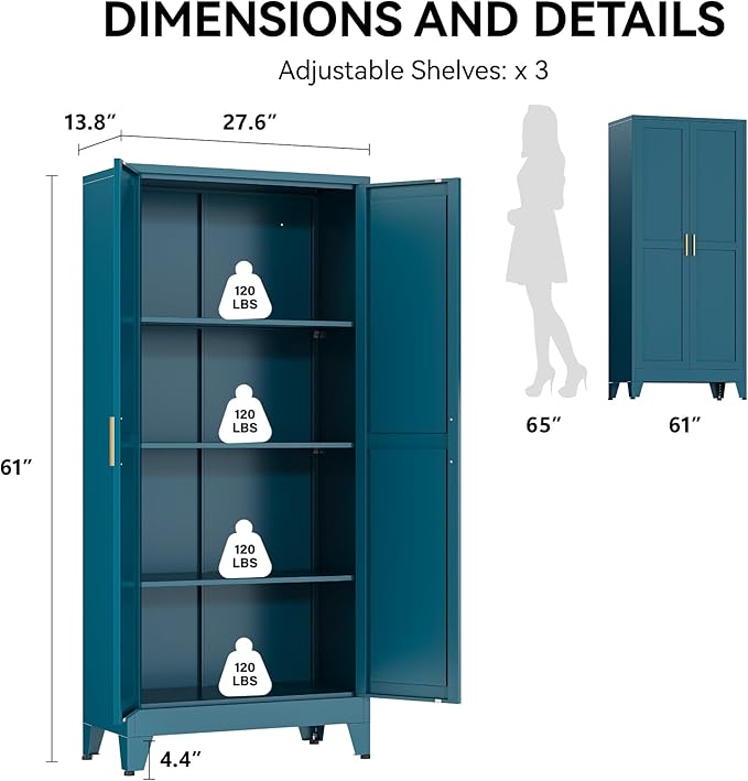 COFaR 61" Pantry Cabinet in Peacock Blue, Farmhouse Storage Cabinet with Adjustable Shelves, Sturdy Freestanding Cupboard for Kitchen Organization, Bathroom & Living Room