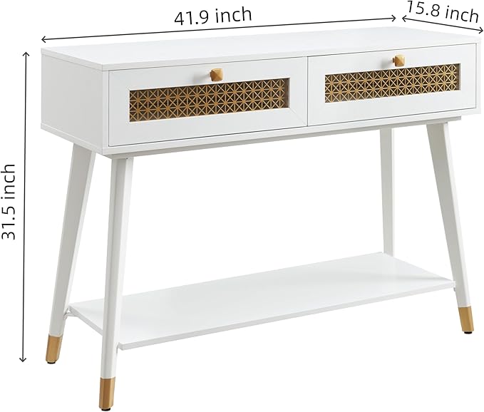 Mid Century Modern Entryway Table with Two Drawers and Open Shelf, Narrow Console Sofa Table for Living Room, Hallway, Rectangular, White