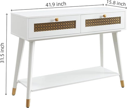 Mid Century Modern Entryway Table with Two Drawers and Open Shelf, Narrow Console Sofa Table for Living Room, Hallway, Rectangular, White