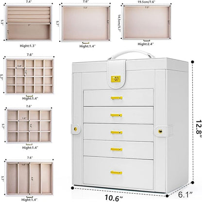 AKOZLIN Large Jewelry Box Organizer Functional with Big Mirror, Leather Jewelry Storage Case for Women Girls Ring Necklace Earring Bracelet Holder Organizer White