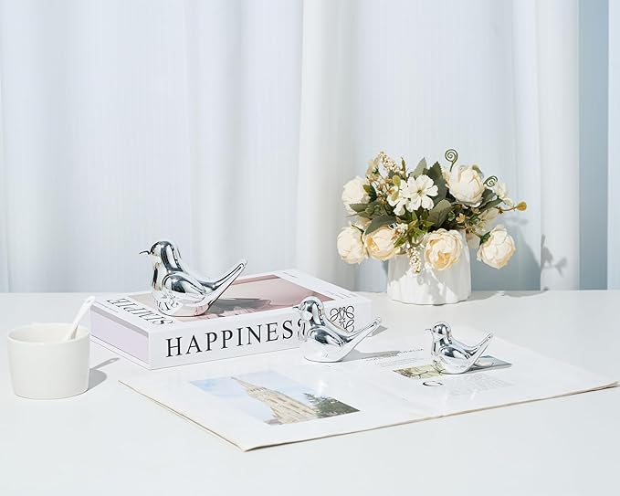 Artconal Small Silver Bird Statue Ceramic 2-Piece Set, 3¾ inch Cute Knick Knack for Home Office Shelf Desk Decor