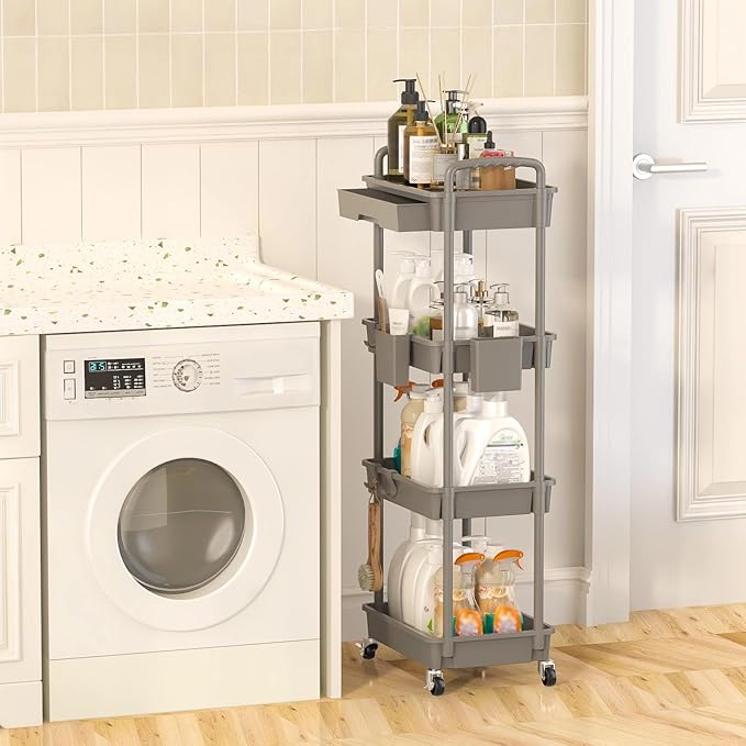 LLMRR 4 Tier Rolling Utility Cart with Drawer, Plastic Storage Organizer Rolling Carts with Wheels Handles Hanging Cups Hooks for Office, Bathroom, Kitchen,Craft Art Room (Grey)
