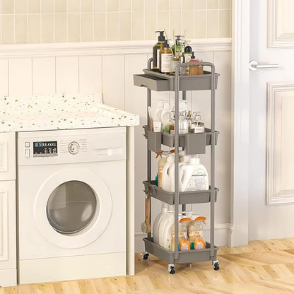 LLMRR 4 Tier Rolling Utility Cart with Drawer, Plastic Storage Organizer Rolling Carts with Wheels Handles Hanging Cups Hooks for Office, Bathroom, Kitchen,Craft Art Room (Grey)