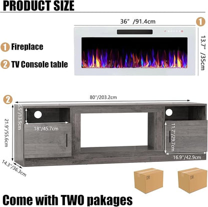 VITESSE TV Stand Fireplace with 36" inch Electric Fireplace Up to 90" TVs, LED Light Entertainment Center, 80" Modern Wood High Gloss with Highlight Storage Cabinet for Living Room (Gray)