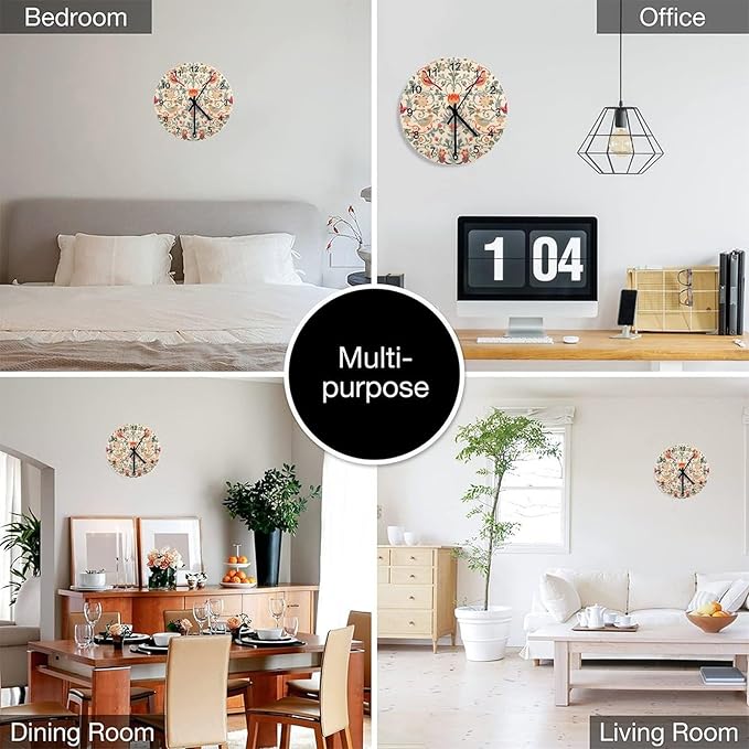 William Morris Wall Clock, Vintage Art White Rustic Floral Botanical Bird Round Clocks Wall Decor Silent No Ticking 12 Inch Wooden Clock for Bedroom Living Room Home Office