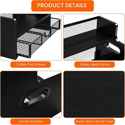 Homode Coffee Syrup Organizer Rack, 3-Tier Syrup Holder Stand with 35 K Cup Storage Drawer, 8 Bottles Capacity, Wood Shelf Liquor Wine Rack for Coffee Bar Countertop, Black