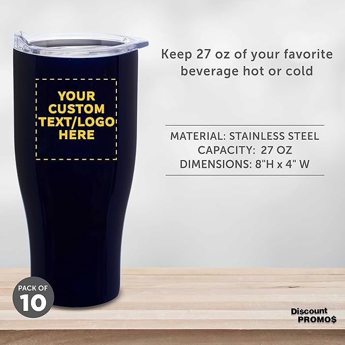 DISCOUNT PROMOS 10 Stainless Steel Grip Travel Mugs Set, 27 oz. - Customizable Text, Logo - Vacuum Insulated, Plastic Lid - Blue