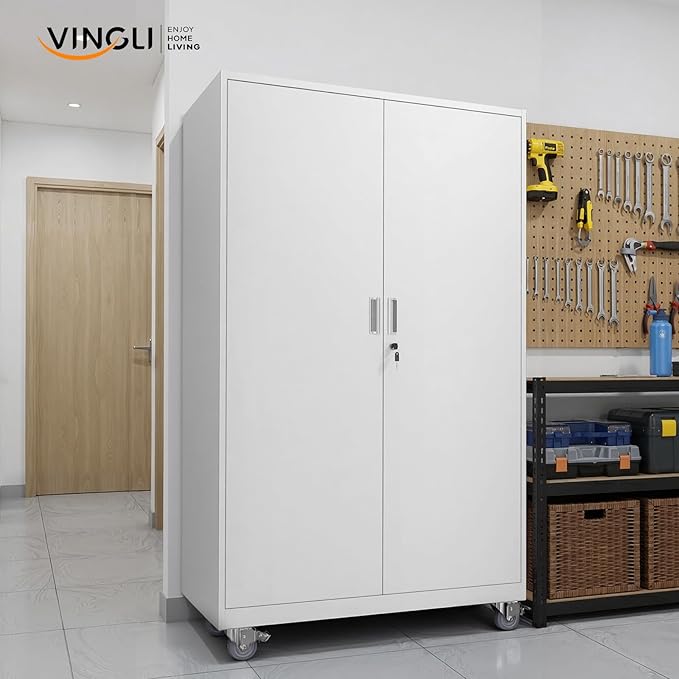 VINGLI Large Metal Storage Cabinet with 2 Doors and 5 Adjustable Shelves, Upgraded Height & Wide & Deep, 43''W x 20''D x 72''H, Oversized Garage Storage Cabinet with Wheels and Locks (White)