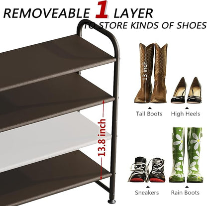 INGIORDAR Shoe Rack 4 Tier Long Storage Organizer Wide Metal Shoe Shelf for Closet Entryway Brown