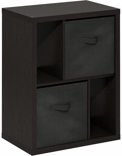 Furinno Viola Storage Shelf, 2-Tier Display Rack with 2 Drawer Bins, Extra Thick Frame Bookshelf, Reversible, for Organization, Living Room, Home Office, Black Dark Oak