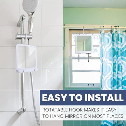 Real Glass Hanging Shower Mirror for Distortion-Free Shaving - Fogless Mirror with Razor Holder, 360° Adjustable Hook - Fill Back Reservoir with Hot Water for Anti-Fog Shave (8" x 7", White)