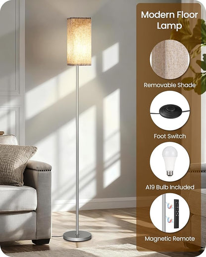 64.2” Dimmable Floor Lamp for Living Room with Remote and Foot Switch, Corner Floor Lamp for Bedroom, Includes 10W A19 Bulb, Modern Standing Tall Lamp, ETL Listed Silver and Beige SE17LD05