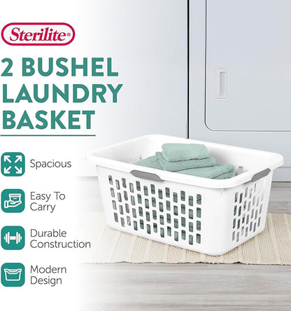 Sterilite Laundry Basket, Plastic Clothes Hamper, Large Rectangle Bin with Comfort Grip Handles and Reinforced Rim, 2 Bushel Capacity, White, 24 Pack
