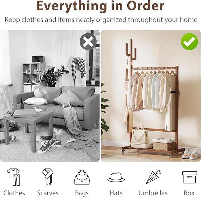 Solid Wood Clothing Rack, Rolling Clothes Racks for Hanging Clothes, Heavy Duty Garment Rack with Wheels, Hanging Rack with 6 Cactus Hooks and Storage Shelf, Easy Assembly, Walnut
