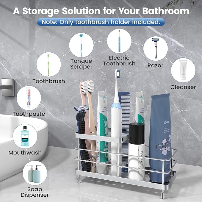 Luxspire Toothbrush Holders, 6 Slots Stainless Steel Tooth Brush Holder with Drainage, Toothbrush Holder for Bathroom Countertop & Kitchen Sink, Bathroom Accessories, Silver