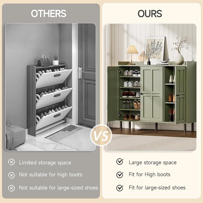 ONBRILL Shoe Cabinet with 3 Doors and Adjustable Shelves, 30 Pairs Shoe Storage Cabinet, 40 Inch Tall Farmhouse Shoe Rack Shoe Organizer Cabinet for Entryway Living Room Closet, Green