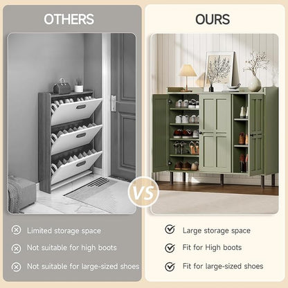 ONBRILL Shoe Cabinet with 3 Doors and Adjustable Shelves, 30 Pairs Shoe Storage Cabinet, 40 Inch Tall Farmhouse Shoe Rack Shoe Organizer Cabinet for Entryway Living Room Closet, Green