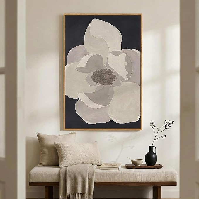 Framed Neutral Floral Modern Wall Art, Large Minimalist Canvas Prints Paintings Artwork for Walls, Contemporary Black Beige Flower Pictures for Living Room Dining Bedroom Hallway Wall Decor 24x36 In