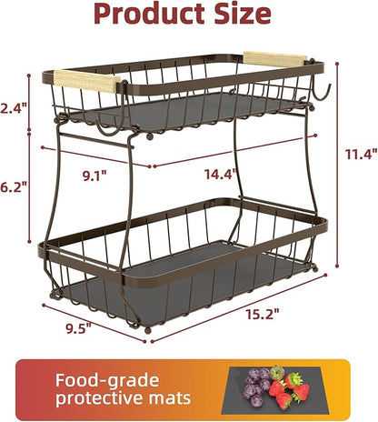 Sevenblue 2 Tier Large Fruit Basket for Kitchen Counter with 2 Mobile Banana Hangers, 2026 Pro Detachable Metal Fruit Bowl with Wooden Handle (Brown, 2 Tier Extra Large)